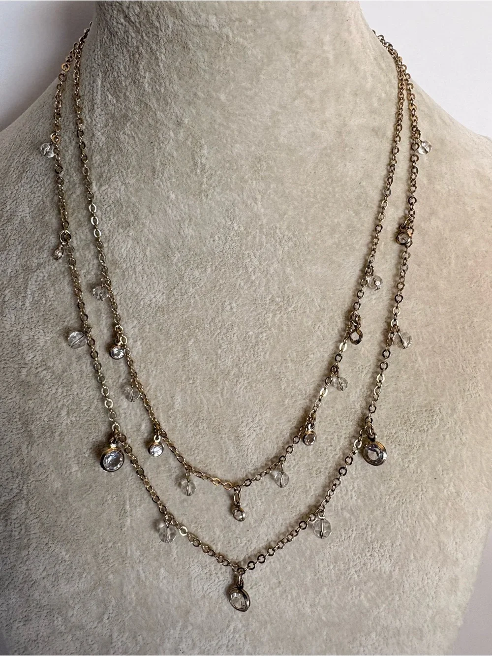 Avon Layered Crystal Drop Necklace Gold Tone Dainty Statement Necklace